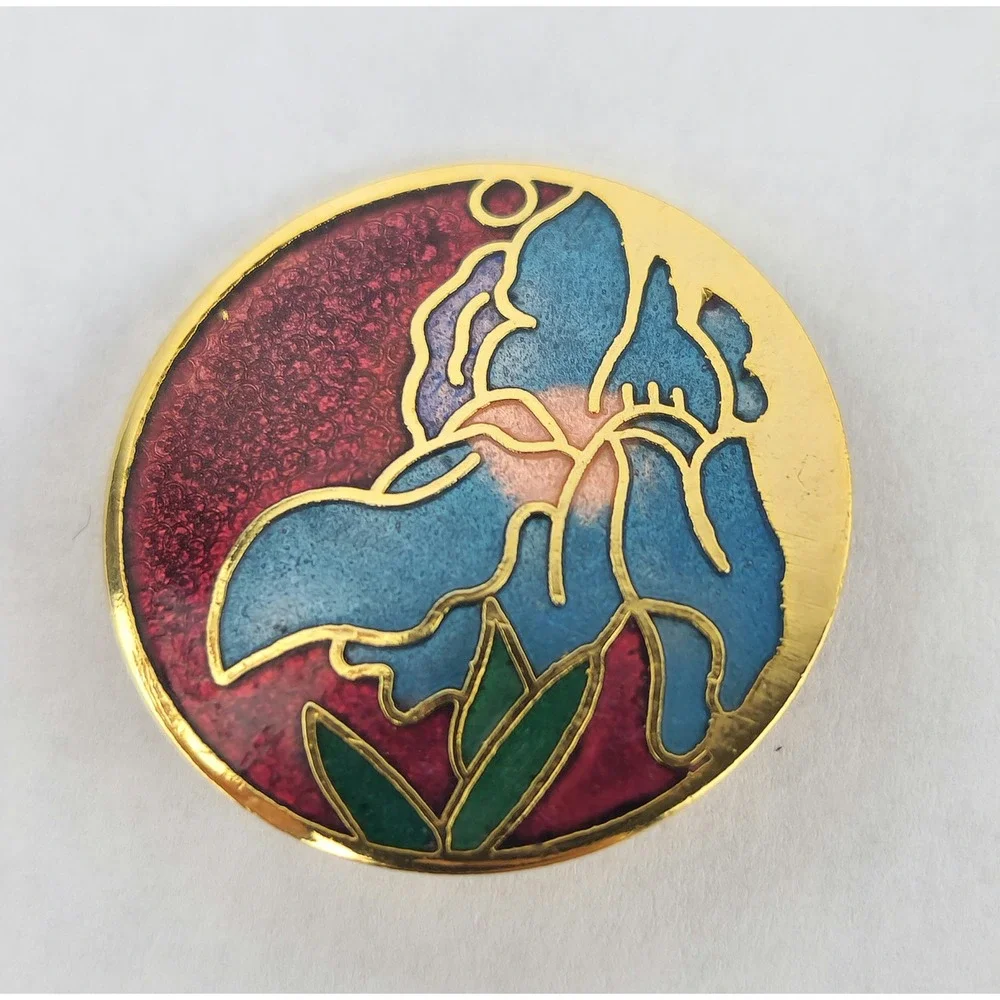 Vintage Cloisonné Iris Flower Clip‎ On Earrings Red Blue Gold Tone Enamel Floral